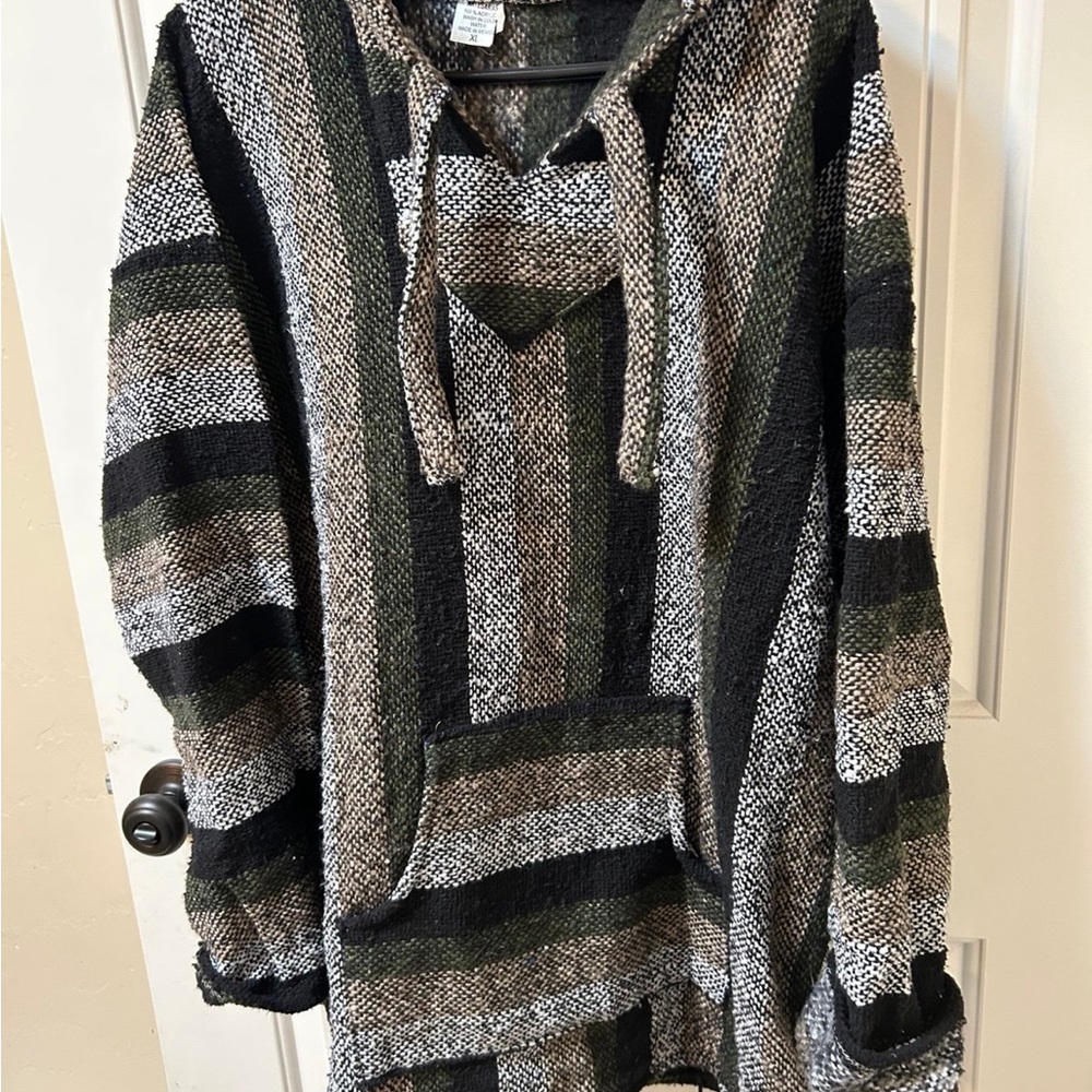 Striped Baja Hoodie poncho  - Black, Gray & Olive